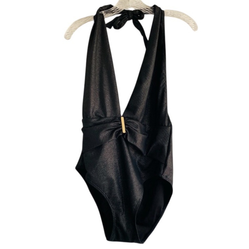 Victoria’s Secret Swimsuit Black Large Halter One-Piece Plunging Neckline
